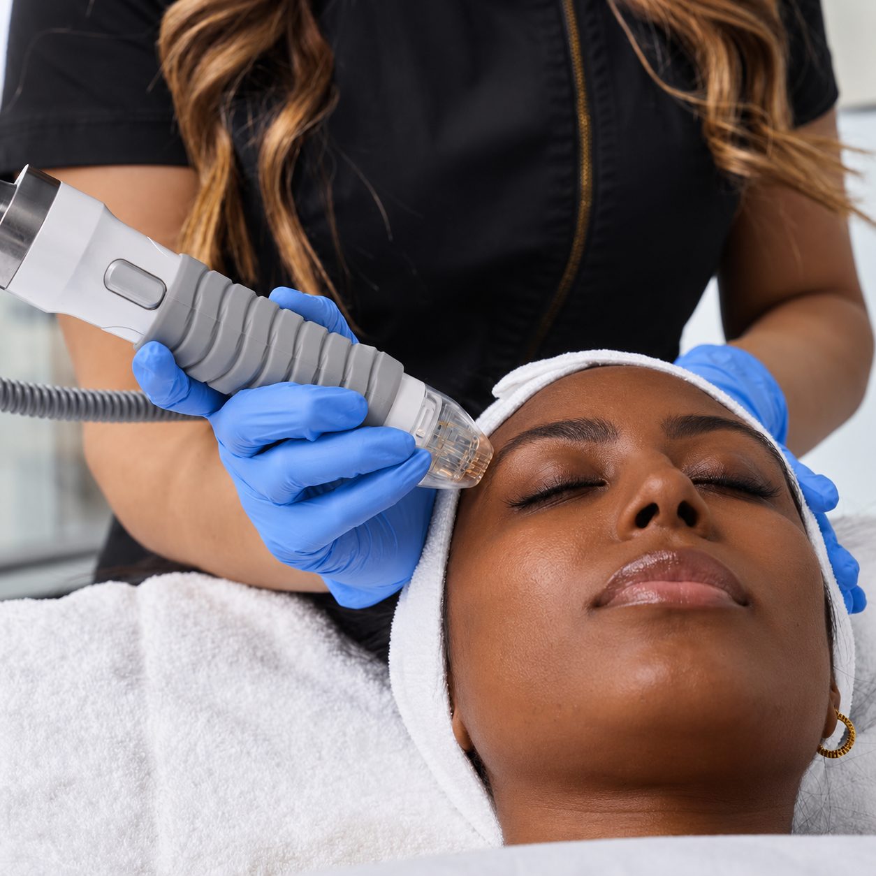 Vivace RF microneedling handpiece on a client's forehead