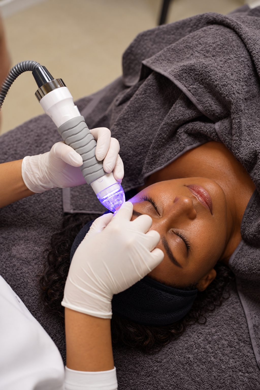 RF microneedling with blue LED light