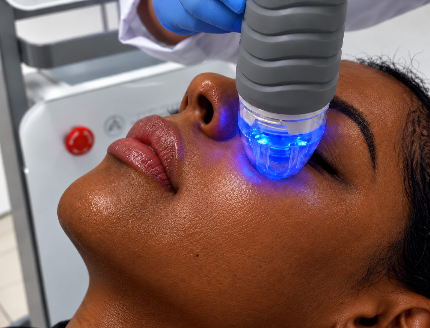 Vivace RF microneedling handpiece with blue LED light on a client’s cheek